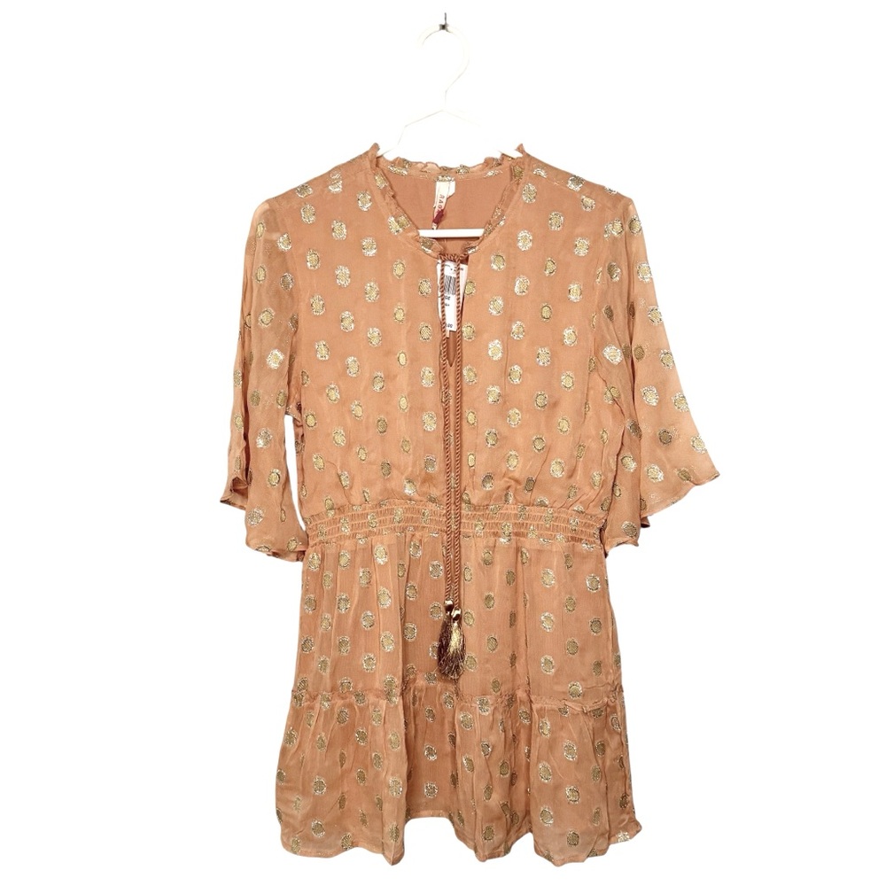 RAGA DUSTED ROSE GOLD SILVER FLUTTER SLEEVES DRESS SZ L